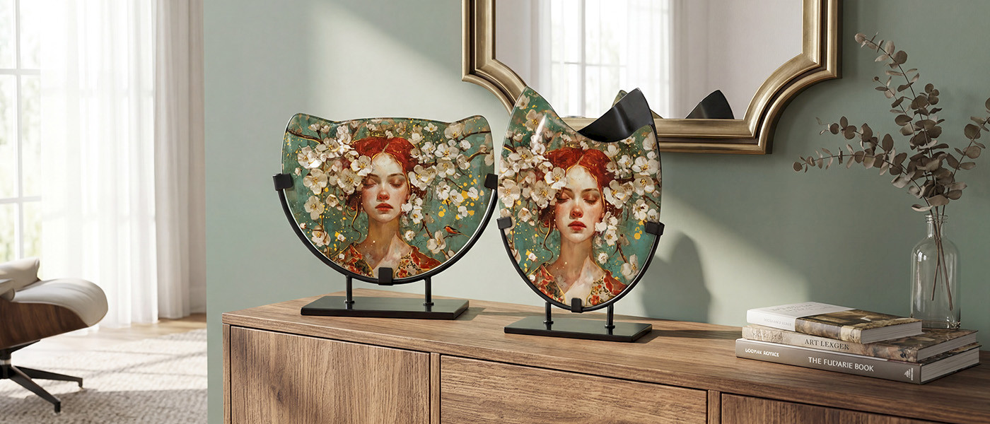 Deux vases plats en verre &agrave; d&eacute;cor floral peint, pr&eacute;sent&eacute;s sur socles m&eacute;tal devant un miroir dor&eacute;.
